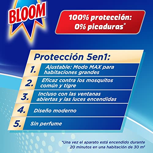 Bloom Insecticida Eléctrico Líquido Doble Eficacia (3 aparatos + 3 recambios), antimosquitos eléctrico eficaz contra el mosquito comun y tigre, 135 noches de protección