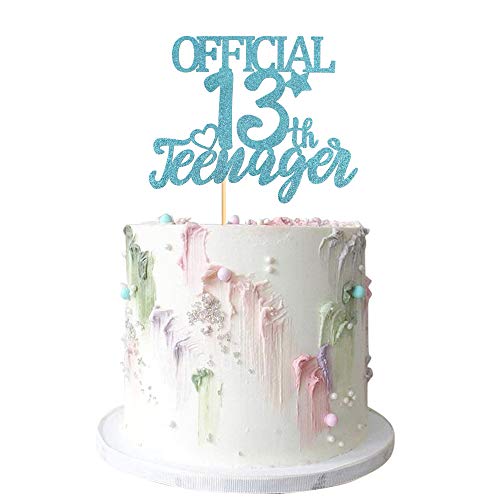 Blue Giltter - Decoración oficial para tarta de 13 cumpleaños para adolescentes, decoración de 13 cumpleaños