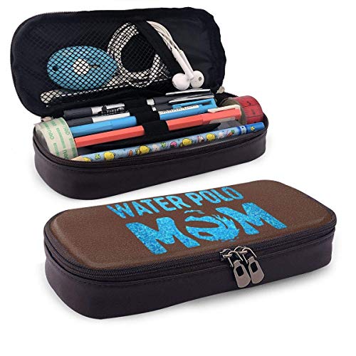 Blue Glitter Water Polo Mom Estuche de cuero para lápices Lápices Marcadores Bolso para estudiantes Niños Niña Adultos