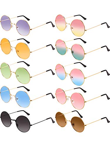 Blulu 10 Pares de Gafas de Sol de Hippies Redondas John de los Años de 1960 Gafas de Colores (Marco Dorado 2)