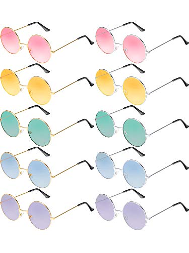 Blulu 10 Pares de Gafas de Sol de Hippies Redondas John de los Años de 1960 Gafas de Colores (Marco Dorado Plateado)
