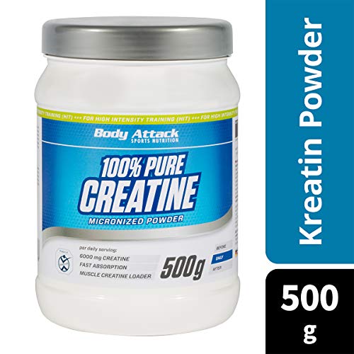 Body Attack 100% Pure Creatine - 500g de polvo, monohidrato de creatina microfina, para el crecimiento muscular, la fuerza y la resistencia, producto de la lista de Colonia, alta dosis con 6000mg, Made in Germany