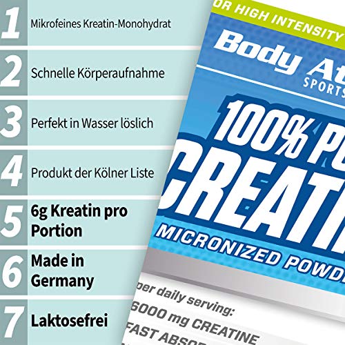 Body Attack 100% Pure Creatine - 500g de polvo, monohidrato de creatina microfina, para el crecimiento muscular, la fuerza y la resistencia, producto de la lista de Colonia, alta dosis con 6000mg, Made in Germany