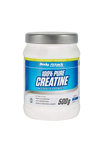 Body Attack 100% Pure Creatine - 500g de polvo, monohidrato de creatina microfina, para el crecimiento muscular, la fuerza y la resistencia, producto de la lista de Colonia, alta dosis con 6000mg, Made in Germany