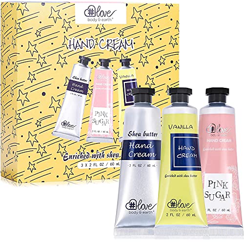 BODY & EARTH # LOVE Juego de Crema de Manos 3 Pieza para Mujeres Juego de Loción de Manos de Manteca de Karité para Manos Secas Tamaño de Viaje con Vitamina E Regalos para Mujeres para Navidad