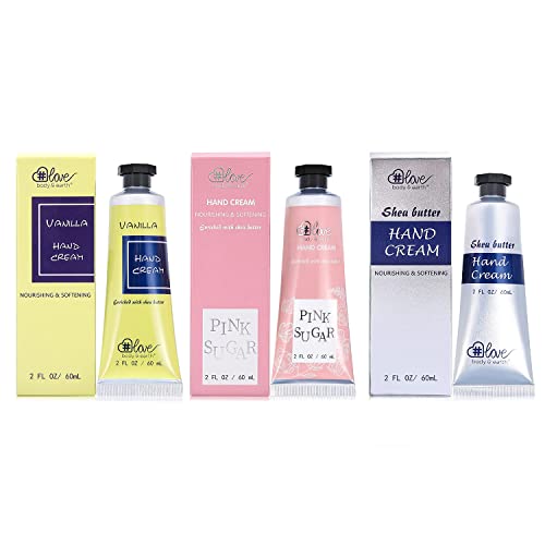 BODY & EARTH # LOVE Juego de Crema de Manos 3 Pieza para Mujeres Juego de Loción de Manos de Manteca de Karité para Manos Secas Tamaño de Viaje con Vitamina E Regalos para Mujeres para Navidad