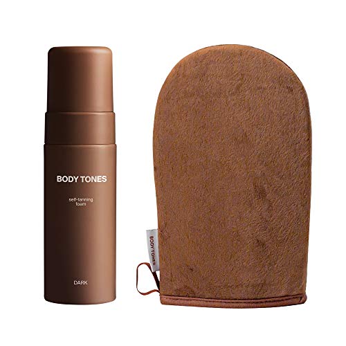 Body Tones Juego de autobronceador y guante, mousse autobronceador que hidrata y contrarrestra los efectos del envejecimiento, el efecto del bronceado natural (155 ml y Guante, Piel oscura)