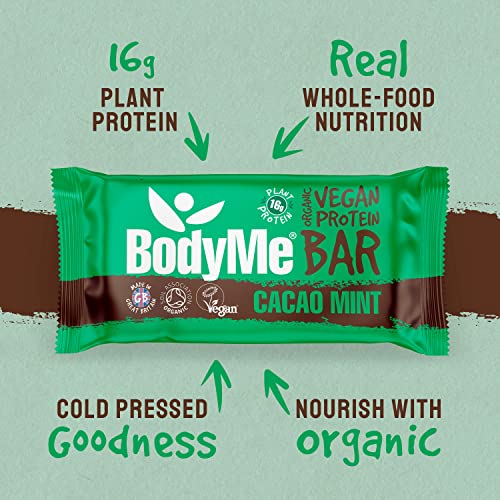 BodyMe Barritas Proteinas Veganas Organica | Crudo Cacao Menta | 12 x 60g Barra Proteina Vegana | Sin Gluten | 16g Proteína Completa | 3 Proteina Vegetal | Aminoacidos Esenciales | Vegan Protein Bar