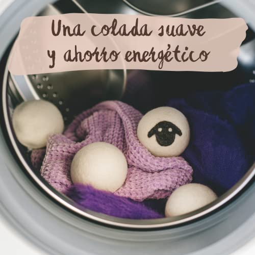 Bolas de secado LAHELA® para secadoras - 6 unidades. Una colada suave y ahorro energético. Alternativa al suavizante. 100% lana de oveja premium sin productos químicos ni plásticos. Elaboradas a mano en Nepal con condiciones laborales justas.
