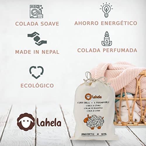 Bolas de secado LAHELA® para secadoras - 6 unidades. Una colada suave y ahorro energético. Alternativa al suavizante. 100% lana de oveja premium sin productos químicos ni plásticos. Elaboradas a mano en Nepal con condiciones laborales justas.
