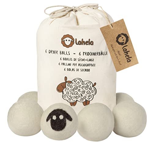 Bolas de secado LAHELA® para secadoras - 6 unidades. Una colada suave y ahorro energético. Alternativa al suavizante. 100% lana de oveja premium sin productos químicos ni plásticos. Elaboradas a mano en Nepal con condiciones laborales justas.