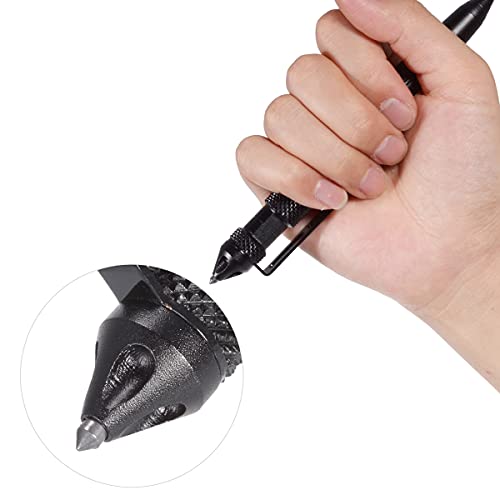 Bolígrafo Táctico,Regerly 1 Piezas Bolígrafo Autodefensa Multifuncional Aluminio Portátil con Carburo Rompecristales con 5 Piezas Recambios para Camping Supervivencia Emergencia Negro