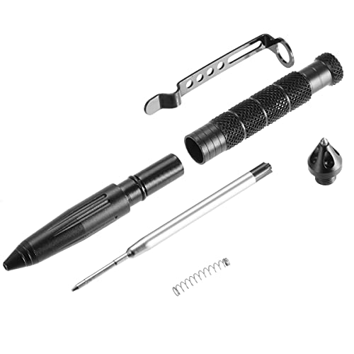 Bolígrafo Táctico,Regerly 1 Piezas Bolígrafo Autodefensa Multifuncional Aluminio Portátil con Carburo Rompecristales con 5 Piezas Recambios para Camping Supervivencia Emergencia Negro