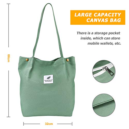 Bolsa de algodón, Bolsa de Compra Canva, Bolsos de hombro Durable, Bolsa de Transporte con Bolsillo Interior y Cremallera ,Bolsa de Playa Casual Chic Tote Bag Ideal para Uso Diario y Viajes (verde)