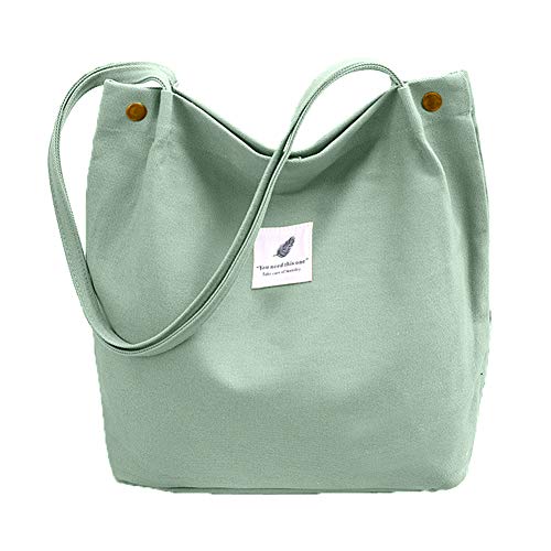 Bolsa de algodón, Bolsa de Compra Canva, Bolsos de hombro Durable, Bolsa de Transporte con Bolsillo Interior y Cremallera ,Bolsa de Playa Casual Chic Tote Bag Ideal para Uso Diario y Viajes (verde)