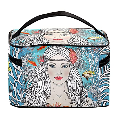 Bolsa de maquillaje de viaje para niña de sirena, entre corales y peces, bolsa de maquillaje grande, organizador de maquillaje, con cremallera, para mujeres y niñas