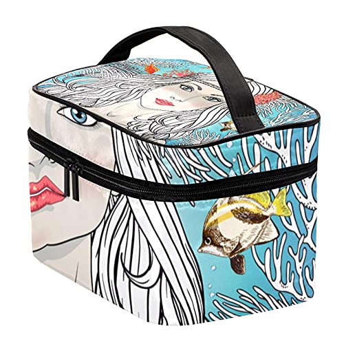 Bolsa de maquillaje de viaje para niña de sirena, entre corales y peces, bolsa de maquillaje grande, organizador de maquillaje, con cremallera, para mujeres y niñas