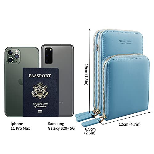 Bolso de teléfono móvil para Mujer Monedero de Cartera Cruzada Mini Bolso de teléfono Celular Cruzado de Cuero Ligero con Ranuras para Tarjeta de Correa(Azul Claro)