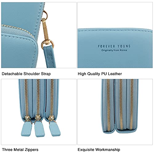 Bolso de teléfono móvil para Mujer Monedero de Cartera Cruzada Mini Bolso de teléfono Celular Cruzado de Cuero Ligero con Ranuras para Tarjeta de Correa(Azul Claro)