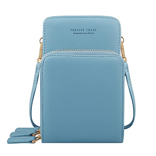Bolso de teléfono móvil para Mujer Monedero de Cartera Cruzada Mini Bolso de teléfono Celular Cruzado de Cuero Ligero con Ranuras para Tarjeta de Correa(Azul Claro)