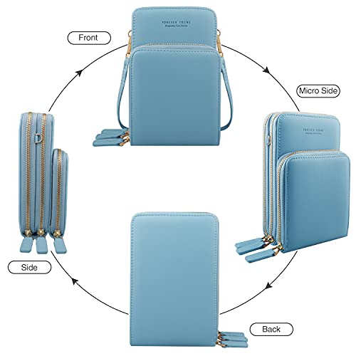 Bolso de teléfono móvil para Mujer Monedero de Cartera Cruzada Mini Bolso de teléfono Celular Cruzado de Cuero Ligero con Ranuras para Tarjeta de Correa(Azul Claro)