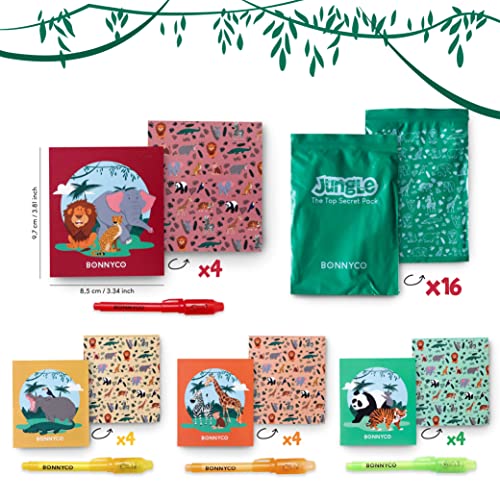 BONNYCO Bolígrafo Tinta Invisible y Libreta Animales de la Selva Pack x16 Detalles Cumpleaños Niños, Regalos Cumpleaños Niños Colegio, Piñatas de Cumpleaños | Regalos Fiesta Cumpleaños Infantil