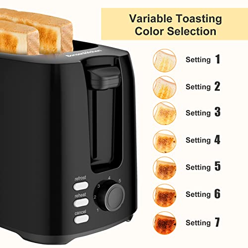 Bonsenkitchen Tostadoras Pan de 2 Rebanadas con 7 Niveles de Tostador y Bandeja para Migas, 750 W, Tostadora de Pan Automática con Función de Descongelar y Calentamiento,Negro TA8901