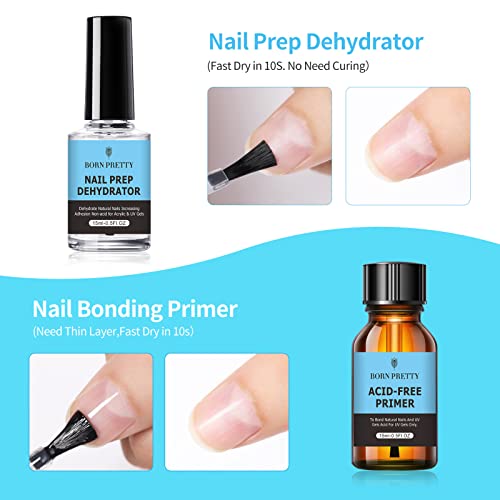 BORN PRETTY Deshidratador y Primer para Uñas, Primer Uñas de Gel Acrílica sin ácido Nail Prep Prebase de unión deshidratada natural para polvos acrílicos y esmalte de uñas en gel 15ml / 0.50fl.oz