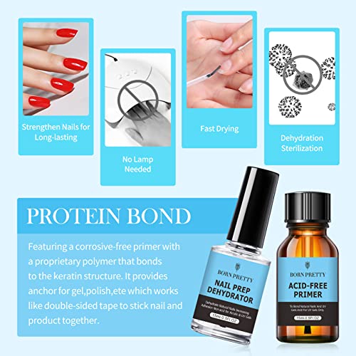 BORN PRETTY Deshidratador y Primer para Uñas, Primer Uñas de Gel Acrílica sin ácido Nail Prep Prebase de unión deshidratada natural para polvos acrílicos y esmalte de uñas en gel 15ml / 0.50fl.oz