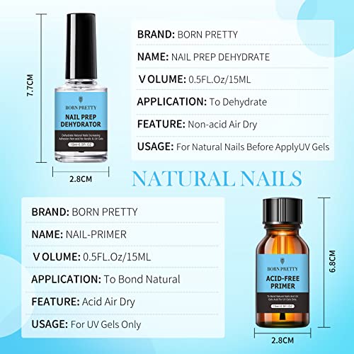 BORN PRETTY Deshidratador y Primer para Uñas, Primer Uñas de Gel Acrílica sin ácido Nail Prep Prebase de unión deshidratada natural para polvos acrílicos y esmalte de uñas en gel 15ml / 0.50fl.oz