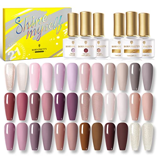 BORN PRETTY Juego de Esmalte Semipermanente de gel, color gris y rosa, púrpura, serie de esmalte de gel LED de gel para invierno, kit de manicura con gel superior y base, juego de regalo18+3