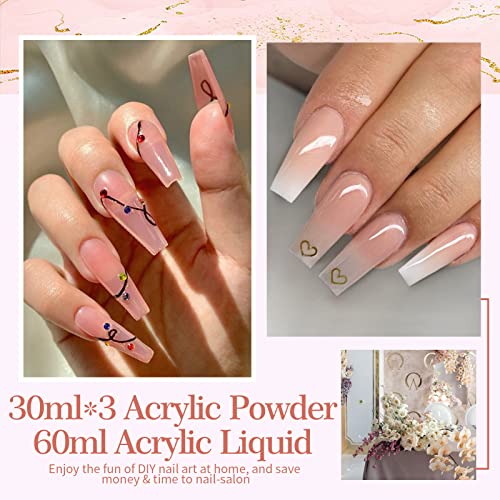 BORN PRETTY Polvos Acrílicos para Uñas Set Colección, 90ml Acrilico uñas Polvo Color blanco rosa claro y Liquido Acrilico para Uñas 60ml Acrilico Para Uñas Kit con pincel acrílico de 5 piezas