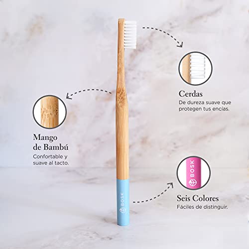 BOSK Pack de 6 Cepillos de Dientes de Bambú con Cerdas de Origen Vegetal y Dureza Suave