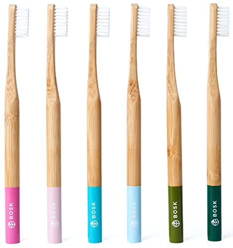 BOSK Pack de 6 Cepillos de Dientes de Bambú con Cerdas de Origen Vegetal y Dureza Suave