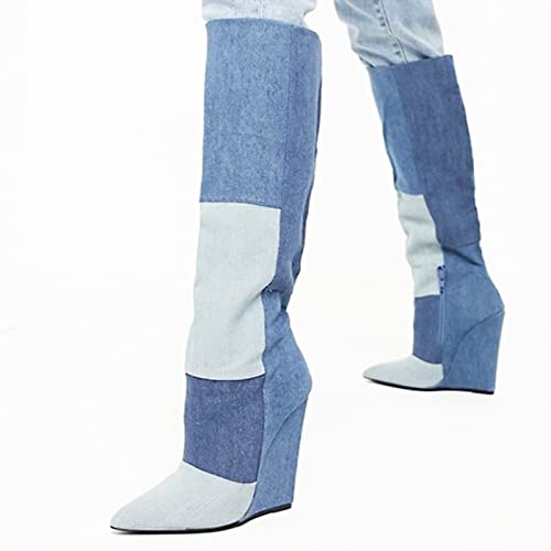 Botas Caña Baja Rectas Tacón Inclinado Mujer, Botas hasta Rodilla Clásicas Punta Puntiaguda 10,5CM Botines Cortos Cremallera Costura Mezclilla Sexy De Moda Ladies Party Catwalk Nightclub,Azul,40