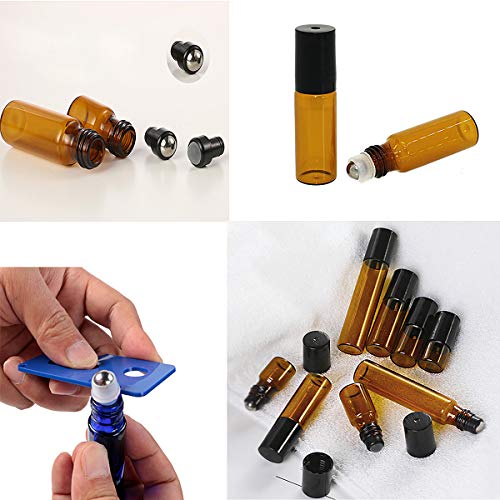 Botella De Aceite Esencial, Senteen 20 Pcs Marrón Botellas Roll On Aceites Esenciales Botellas De Vidrio Ámbar 4 Abridor De Gorro De Bola y 5 Gotero, Para Masajes Aromaterapia