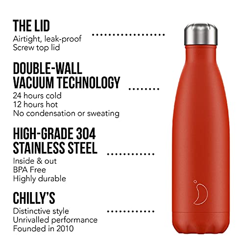 Botella De Agua De Chilly's | Acero Inoxidable y Reutilizable | Prueba de Fugas, Libre de transpiración | Neón Rojo | 260ml