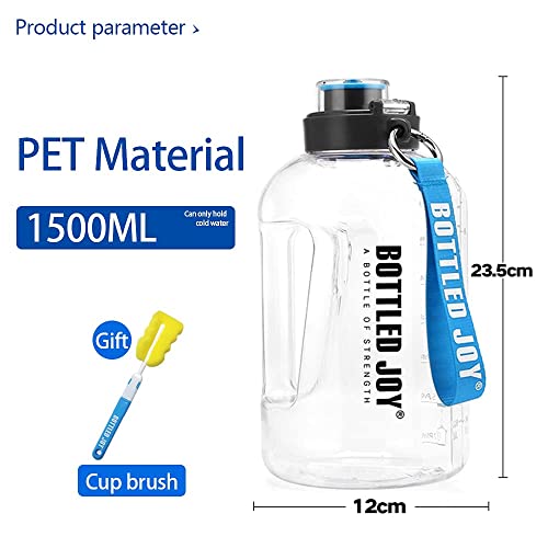BOTTLED JOY - Botella de agua grande de 1,5 litros, sin BPA, antigoteo, botella deportiva con marca motivadora para fitness, oficina, viajes al aire libre, camping, escalada, color blanco