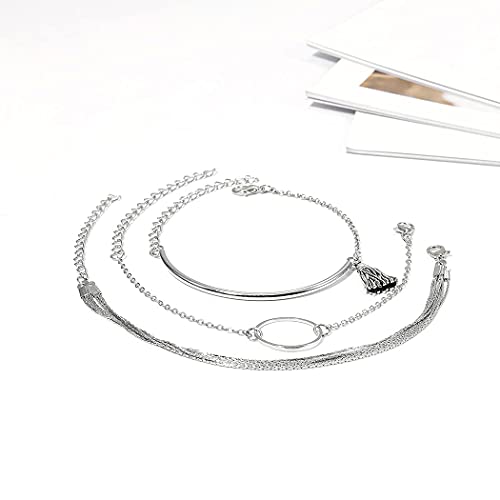 Branets Juego de pulseras bohemias con borla de plata, para fiestas, joyería de mano para mujeres y niñas (3 piezas)
