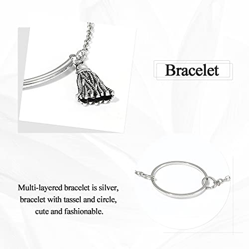 Branets Juego de pulseras bohemias con borla de plata, para fiestas, joyería de mano para mujeres y niñas (3 piezas)