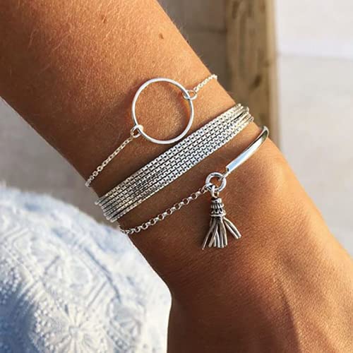 Branets Juego de pulseras bohemias con borla de plata, para fiestas, joyería de mano para mujeres y niñas (3 piezas)