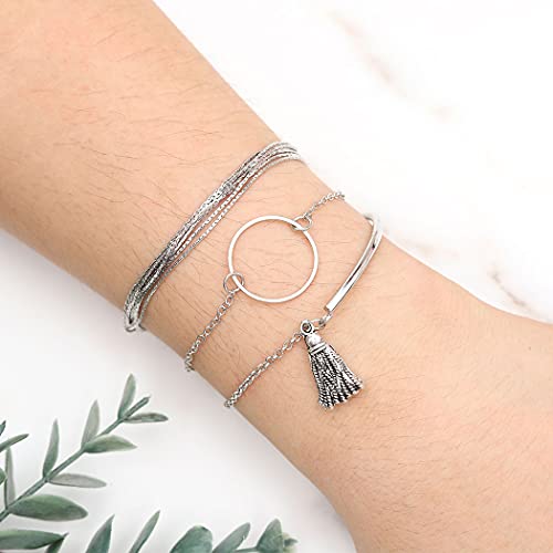 Branets Juego de pulseras bohemias con borla de plata, para fiestas, joyería de mano para mujeres y niñas (3 piezas)