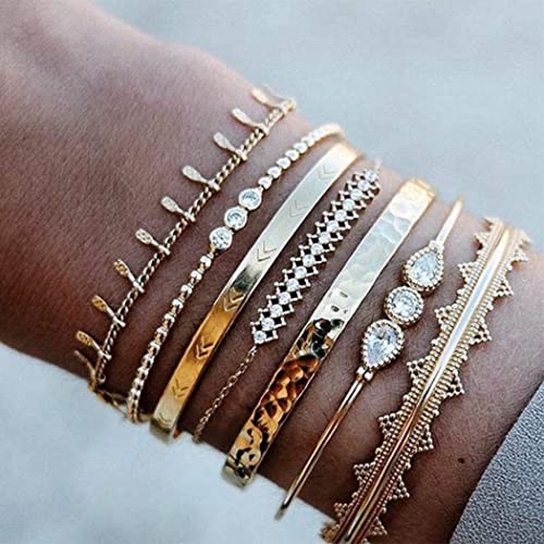 Branets Juego de pulseras de cristal en capas Boho, brazaletes con borlas de oro, joyería de cadena de mano de diamantes de imitación para mujeres y niñas (7 piezas)
