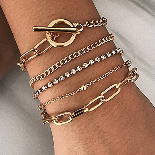 Branets - Juego de pulseras de cristal en capas, pulsera de círculo dorado, cadena de mano con cuentas, ajustable para mujeres y niñas (5 piezas)