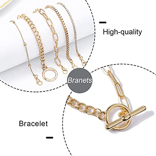 Branets - Juego de pulseras de cristal en capas, pulsera de círculo dorado, cadena de mano con cuentas, ajustable para mujeres y niñas (5 piezas)