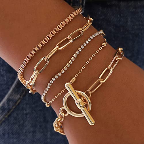 Branets - Juego de pulseras de cristal en capas, pulsera de círculo dorado, cadena de mano con cuentas, ajustable para mujeres y niñas (5 piezas)