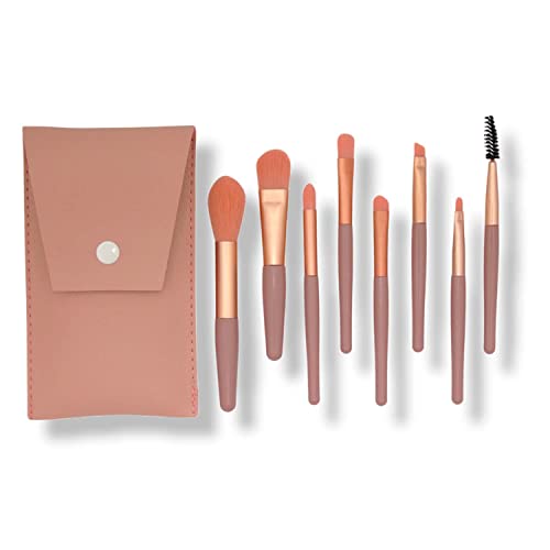 Brochas de maquillaje estuche - Pinceles de maquillaje completo con estuche de viaje - Juego de 8 brochas minis para maquillaje (Rosa)