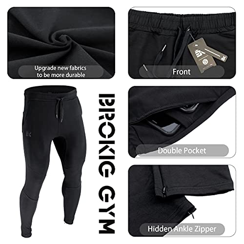BROKIG - Pantalones de Deporte para Hombre, Corte Ajustado, con Bolsillos Dobles (Negro,L)