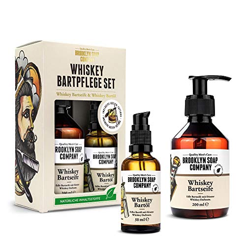 Brooklyn Soap Company - Juego Whiskey para cuidado de la barba, caja regalo para hombres, incluye aceite para barba y champú para barba con finas fragancias de whisky