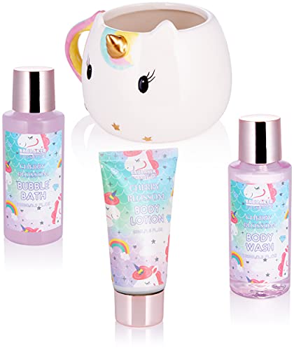 BRUBAKER Cosmetics Set de Baño y Ducha de Unicornio de 4 Piezas - Cherry Blossom - Set de Regalo con Aroma a Flor de Cerezo - en Taza de Unicornio